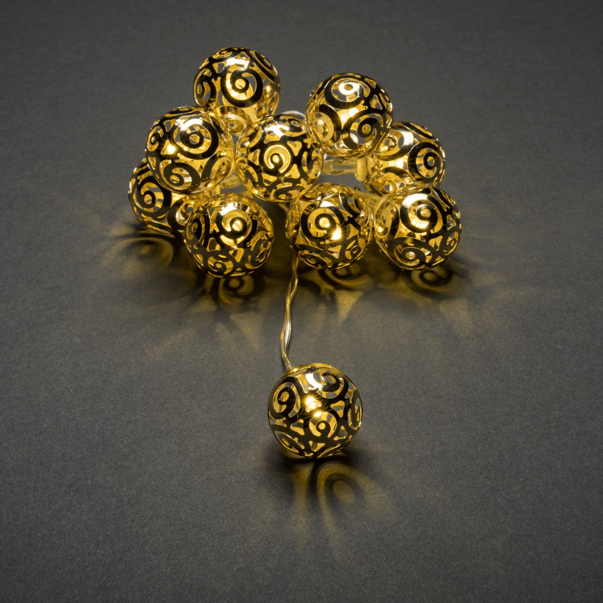 Konstsmide Festoon 0.9m Decorative Light Set - 10 LED Swirl Metal Balls - Brass - Battery Operated