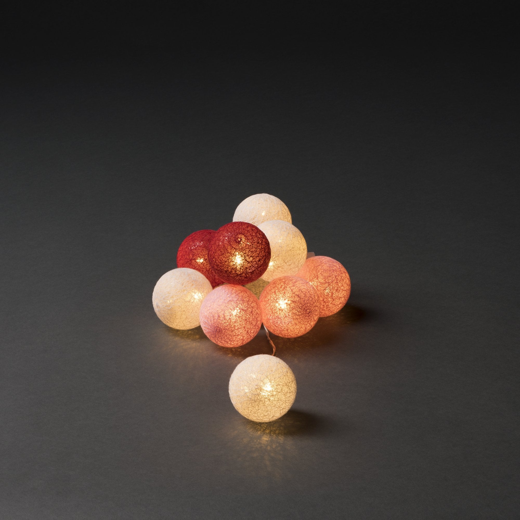 Konstsmide Festoon 1.8m Decorative Light Set - 10 LED Cotton Balls - Red, White & Pink - Battery Operated