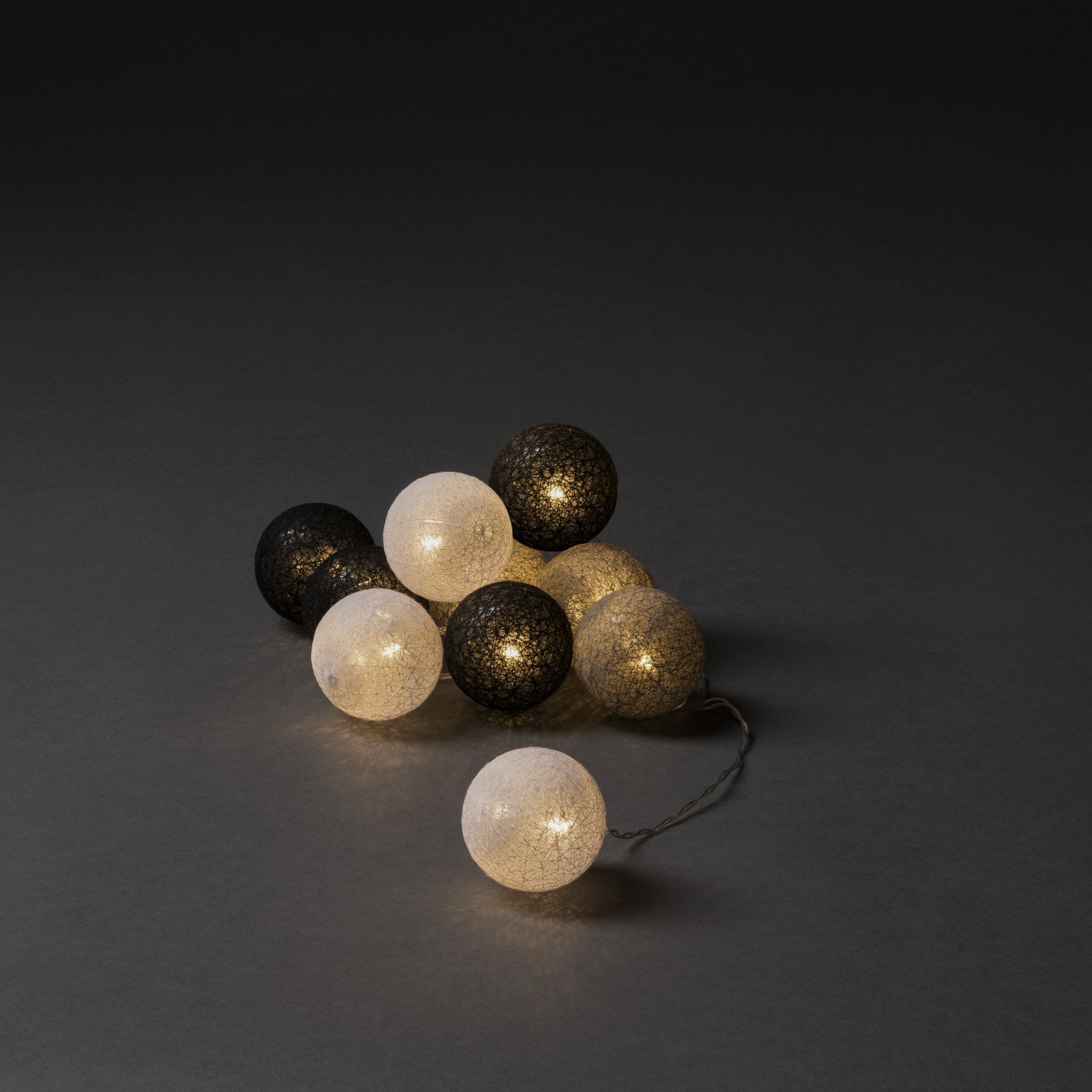 Konstsmide Festoon 1.8m Decorative Light Set - 10 LED Cotton Balls - White, Grey & Black - Battery Operated