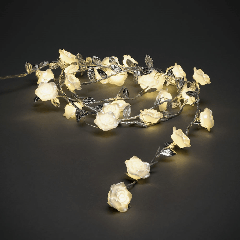 Konstsmide Festoon 1.5m Decorative Light Set - 25 LED Roses - Silver Leaves - Battery Operated