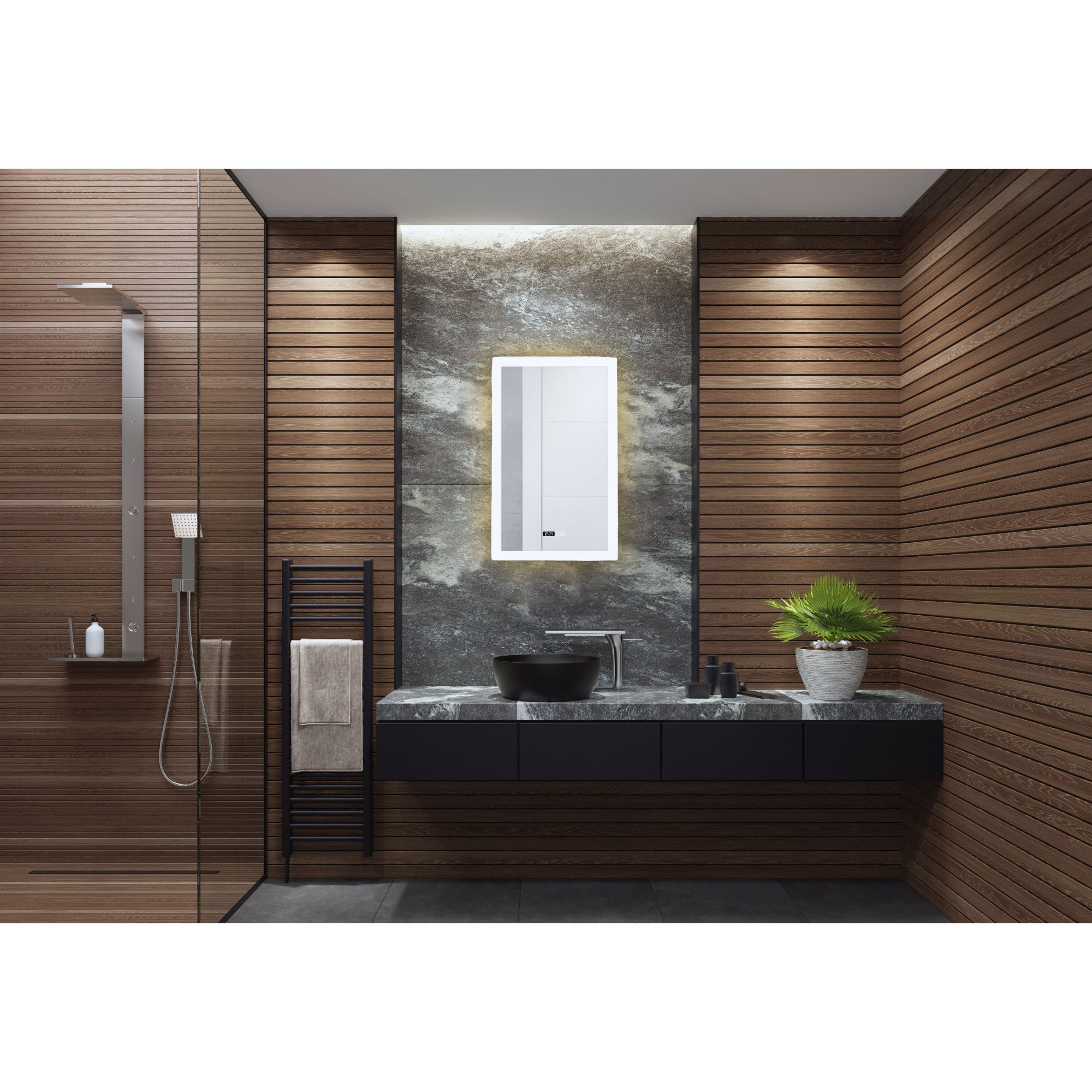 Searchlight Rectangle Bathroom Mirror - Digital Clock & Demister Pad