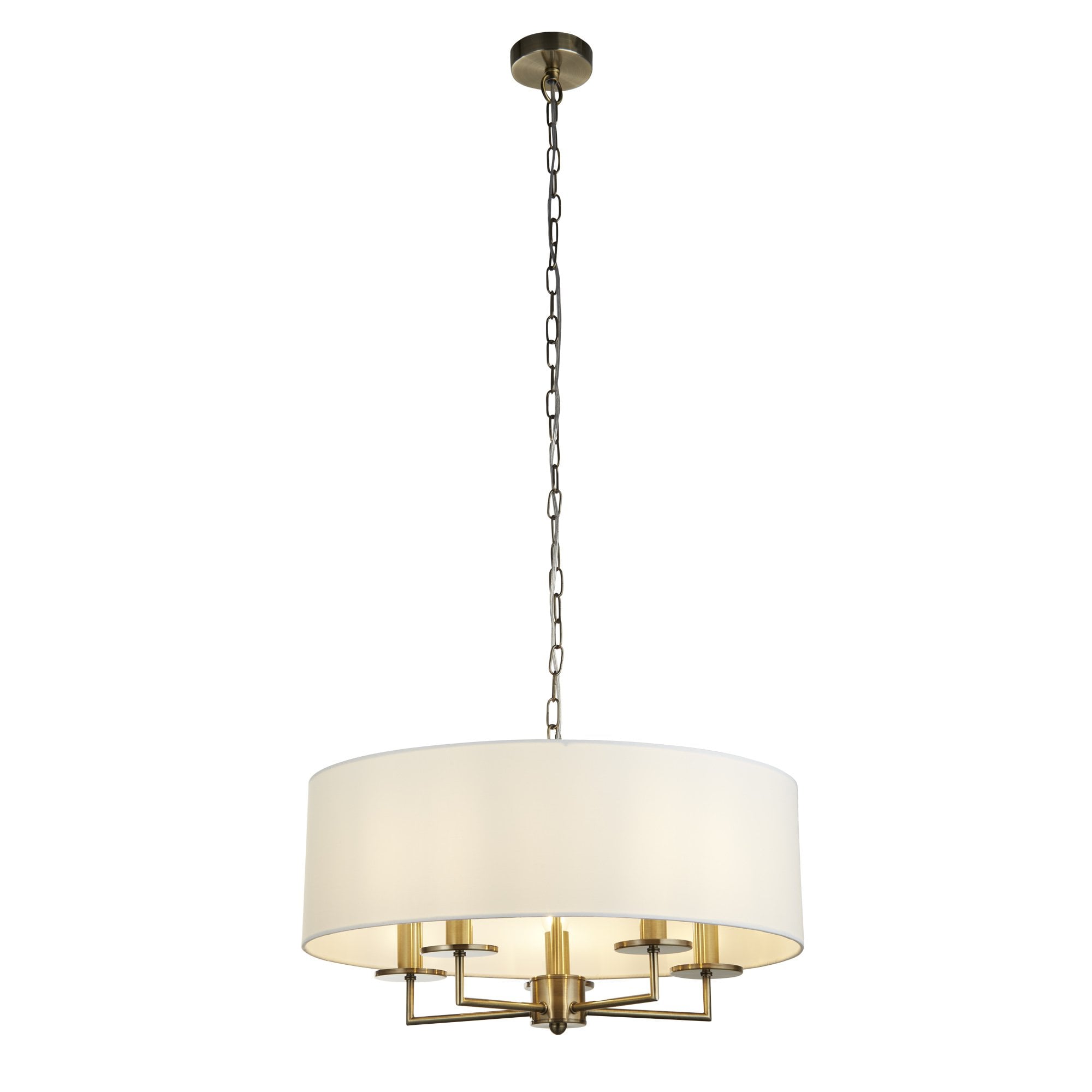 Searchlight James 5 Light Pendant - Antique Brass & White Linen Shade