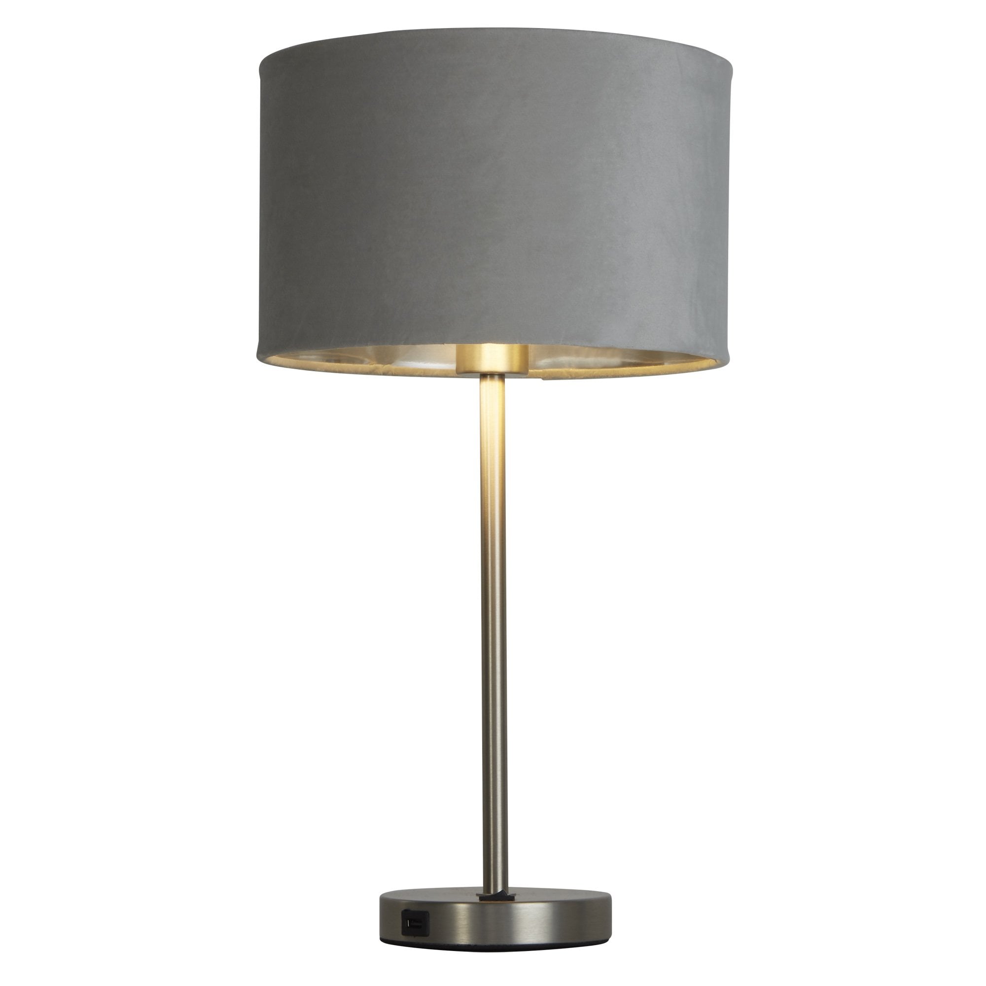 Searchlight Fairview USB Table Lamp - Satin Nickel & Grey Velvet Shade