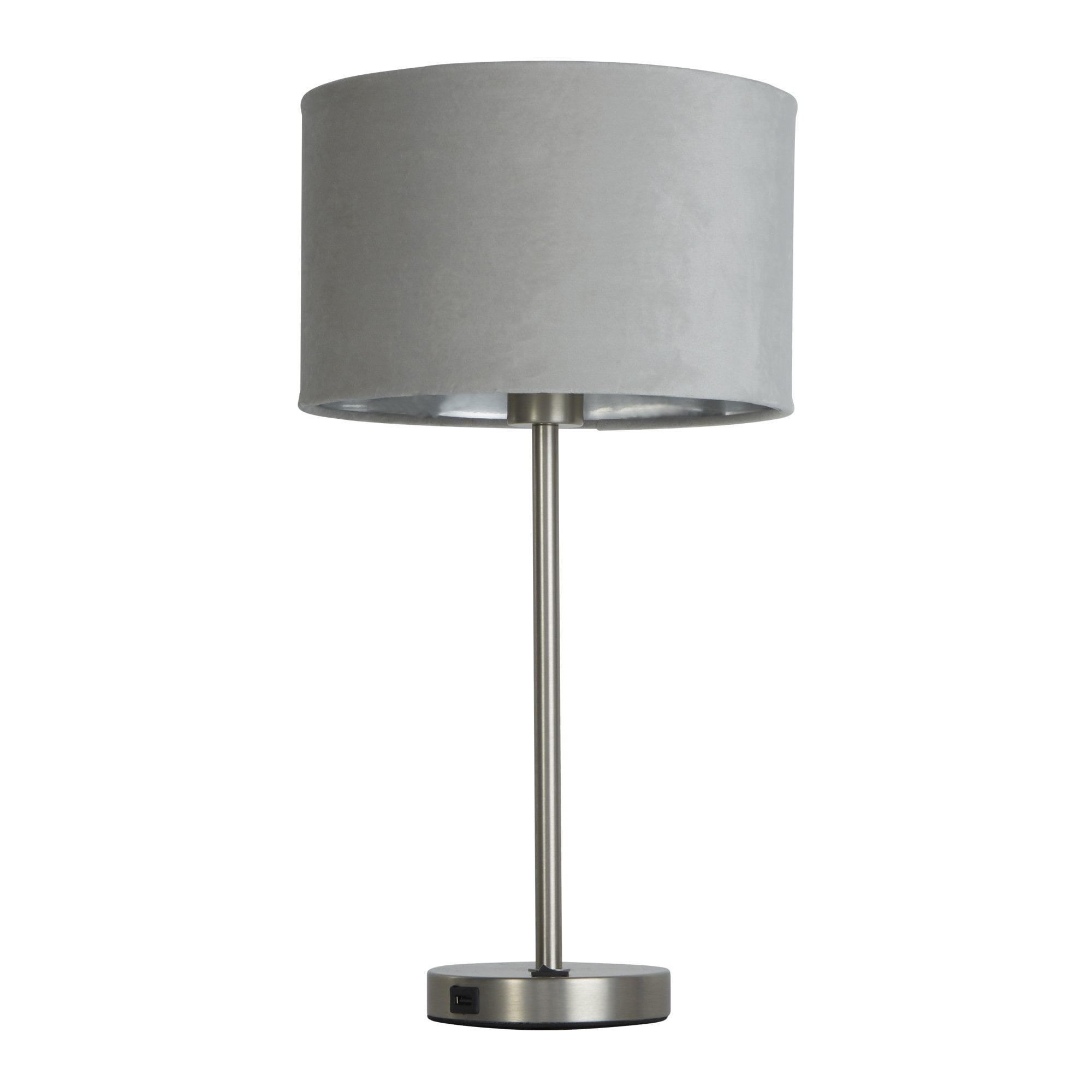 Searchlight Fairview USB Table Lamp - Satin Nickel & Grey Velvet Shade