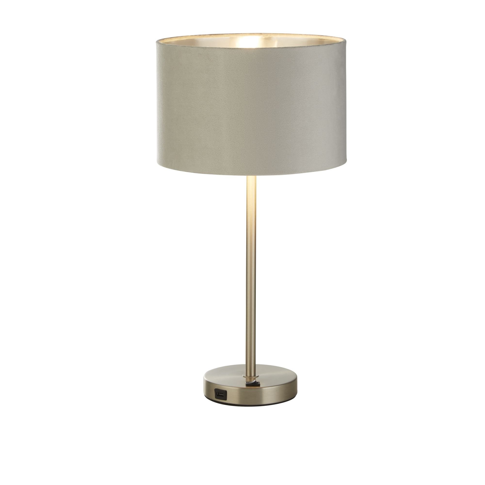 Searchlight Fairview USB Table Lamp - Satin Nickel & Grey Velvet Shade