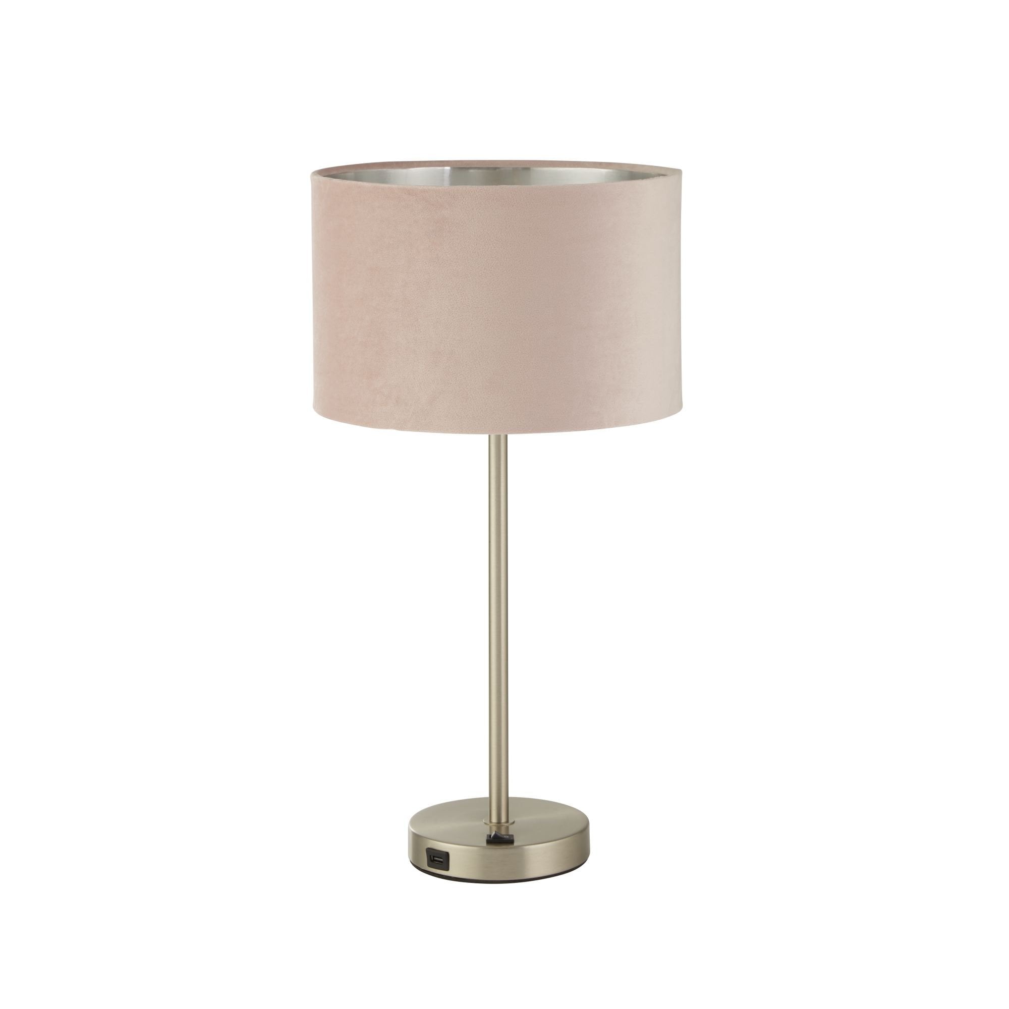 Searchlight Fairview USB Table Lamp - Satin Nickel & Pink Velvet Shade