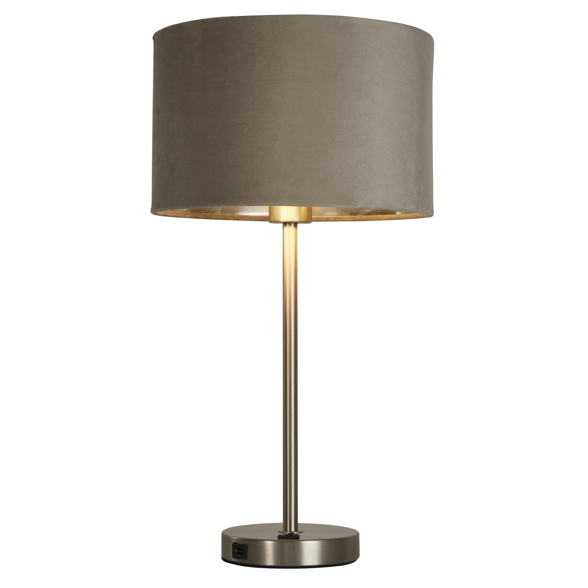 Searchlight Fairview USB Table Lamp - Satin Nickel & Taupe Velvet Shade