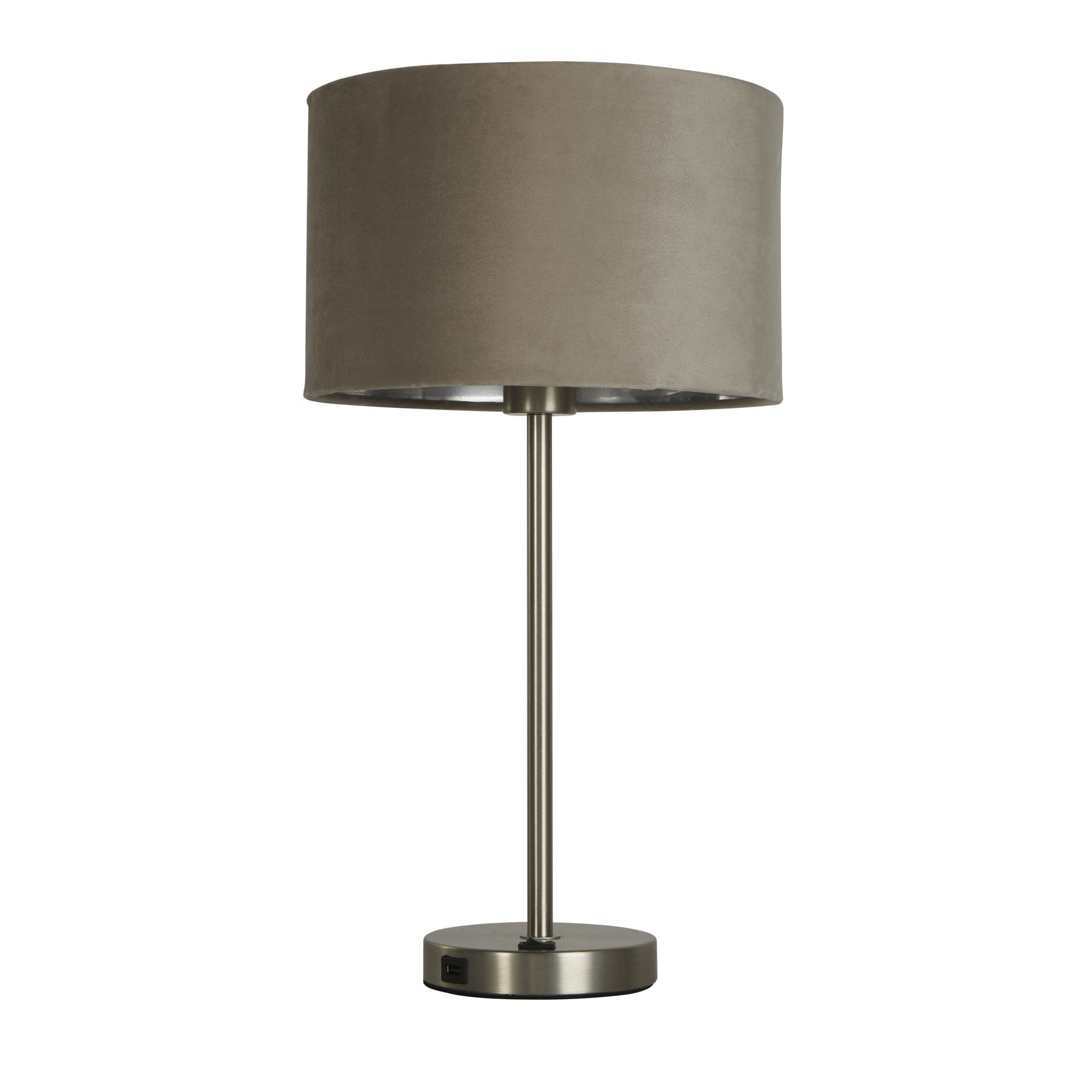 Searchlight Fairview USB Table Lamp - Satin Nickel & Taupe Velvet Shade