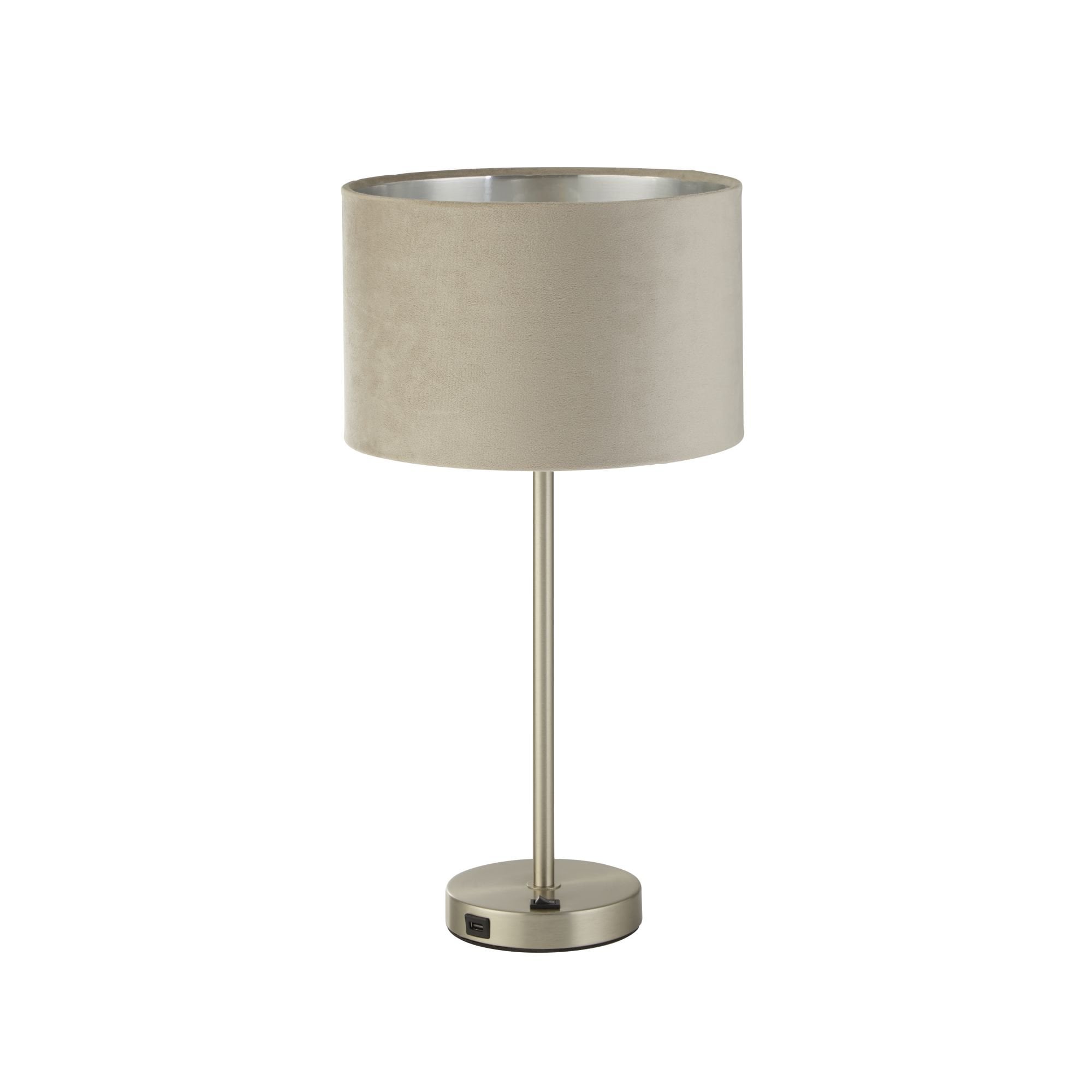 Searchlight Fairview USB Table Lamp - Satin Nickel & Taupe Velvet Shade