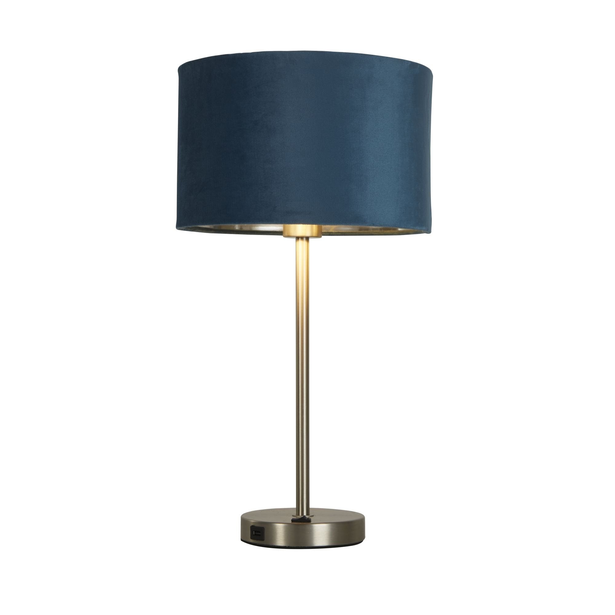 Searchlight Fairview USB Table Lamp - Satin Nickel & Teal Velvet Shade