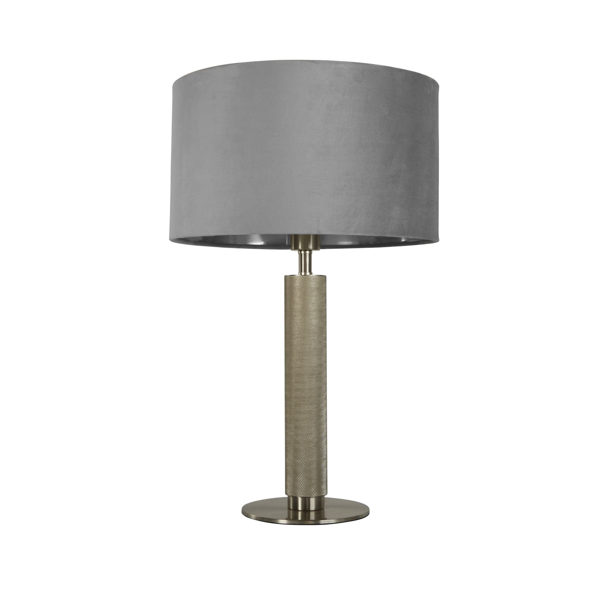 Searchlight Latimer Table Lamp - Knurled Satin Silver & Grey Velvet Shade