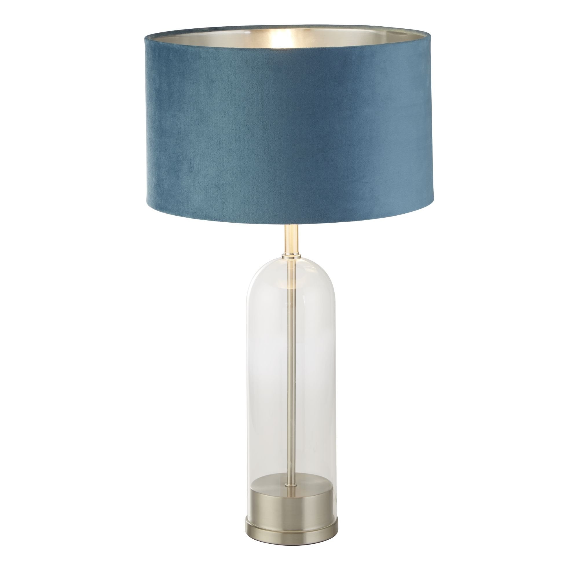 Searchlight Owen Table Lamp - Satin Nickel, Glass & Teal Velvet Shade