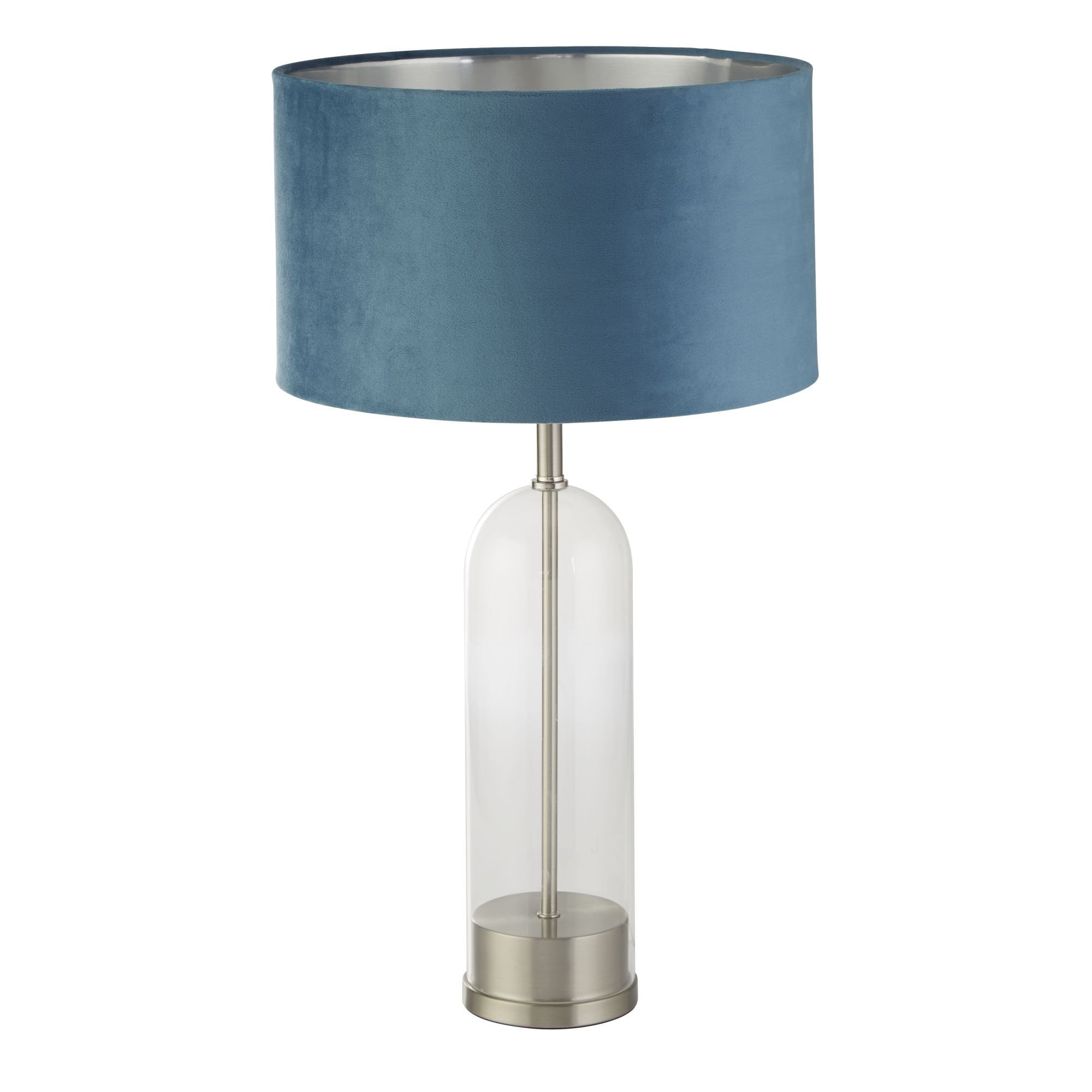 Searchlight Owen Table Lamp - Satin Nickel, Glass & Teal Velvet Shade