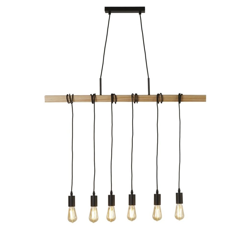 Searchlight Woodstock 6 Light Bar Pendant - Natural Wood & Black
