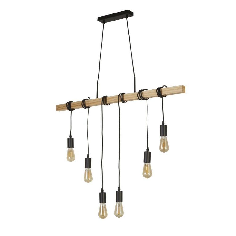 Searchlight Woodstock 6 Light Bar Pendant - Natural Wood & Black