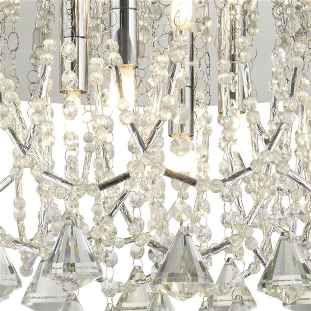 Searchlight Mary 6 Light Flush - Chrome & Clear Crystal Pyramid Drops