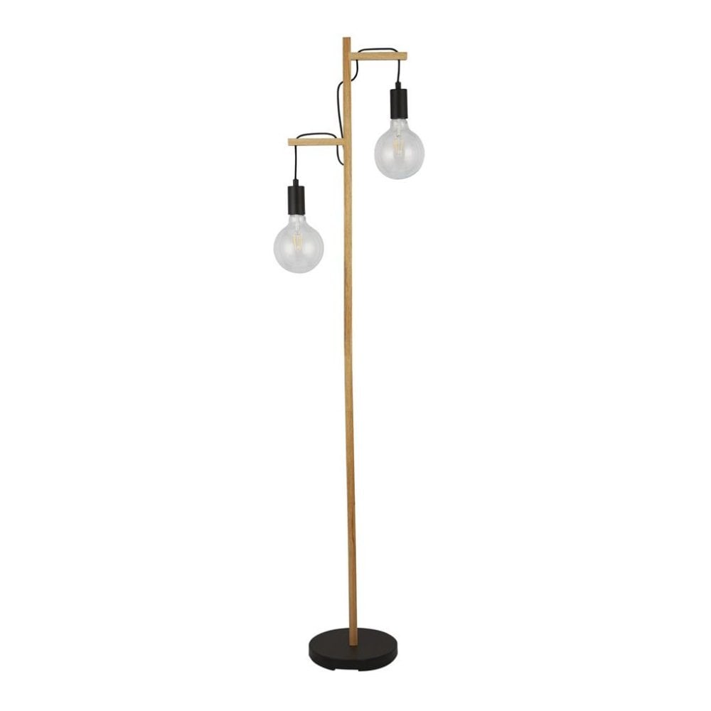 Searchlight Woodstock 2 Light Floor Lamp - Natural Wood & Black