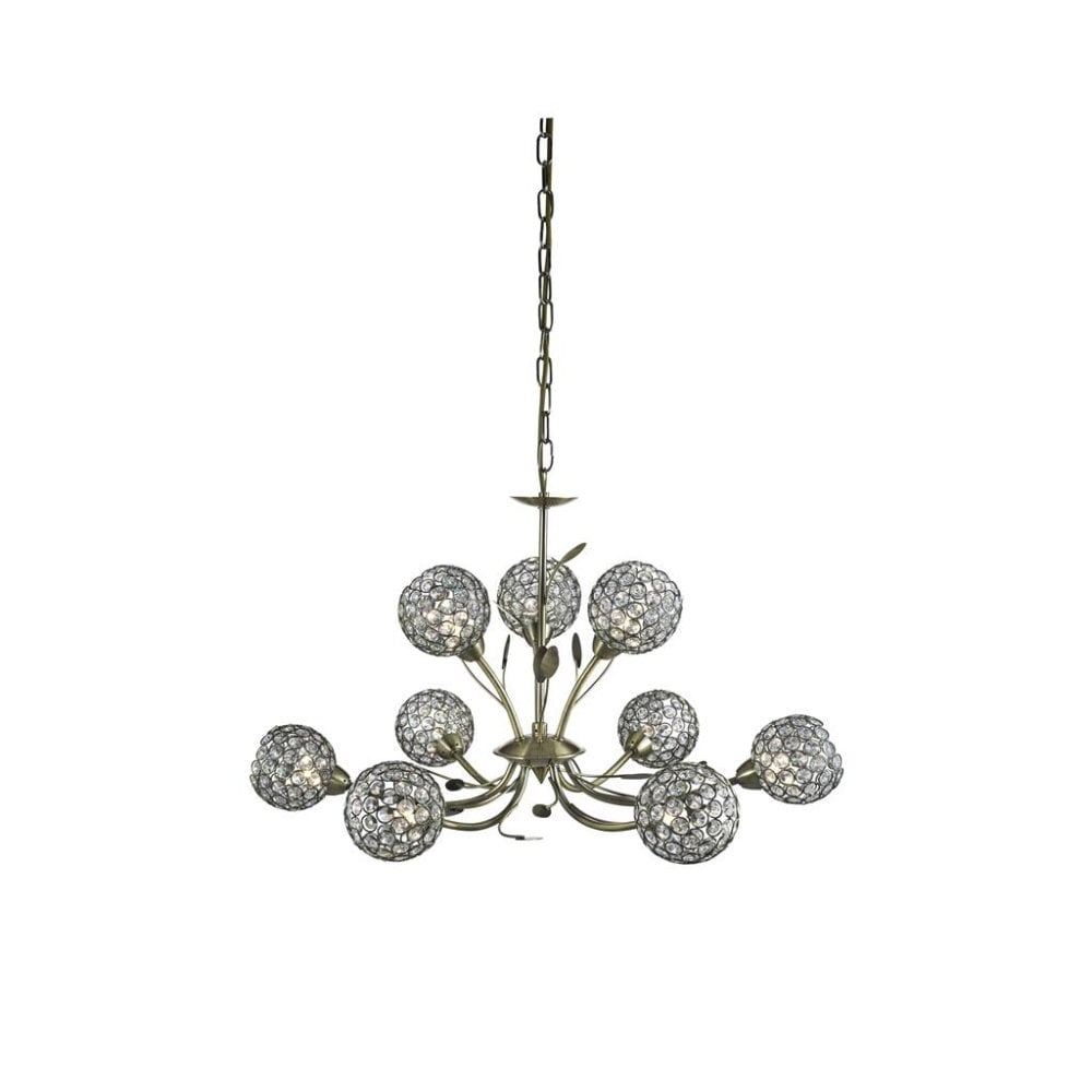Searchlight Bay II 9 Light Pendant - Antique Brass & Clear Crystal Beads