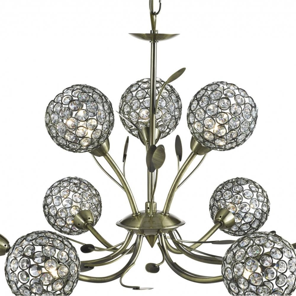 Searchlight Bay II 9 Light Pendant - Antique Brass & Clear Crystal Beads