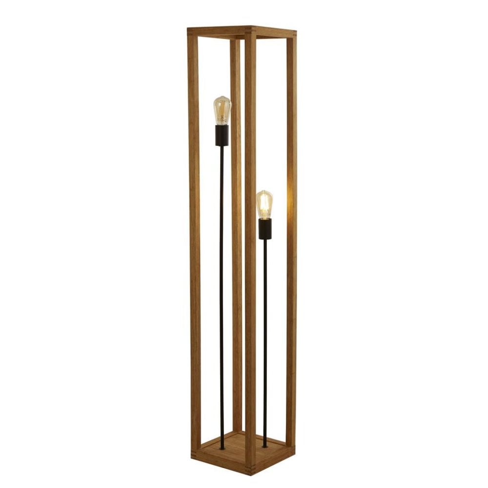 Searchlight Soho 2 Light Floor Lamp - Natural Wood & Black
