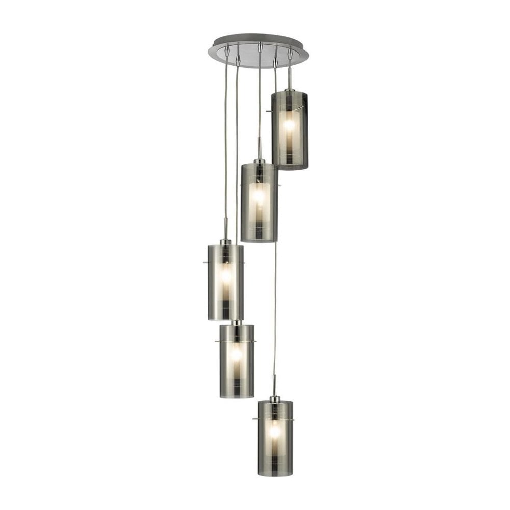 Searchlight Dawson I 5 Light Pendant - Satin Silver & Smoked Glass