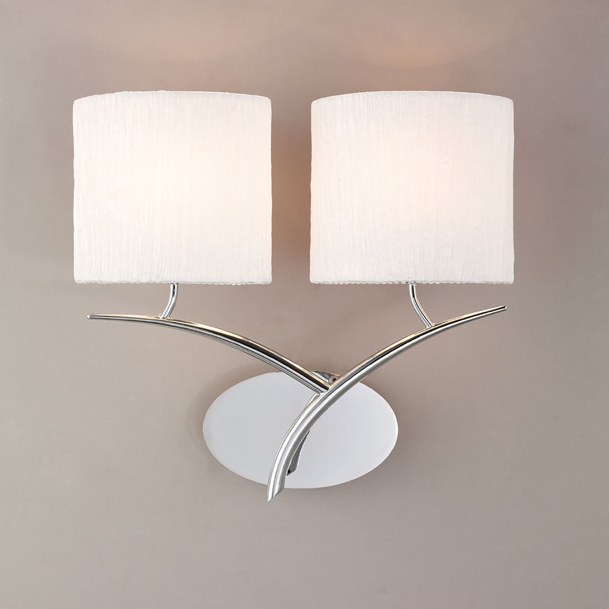 Mantra Eve 2 Light Switched Wall Fitting in Polished Chrome with White Oval Shades