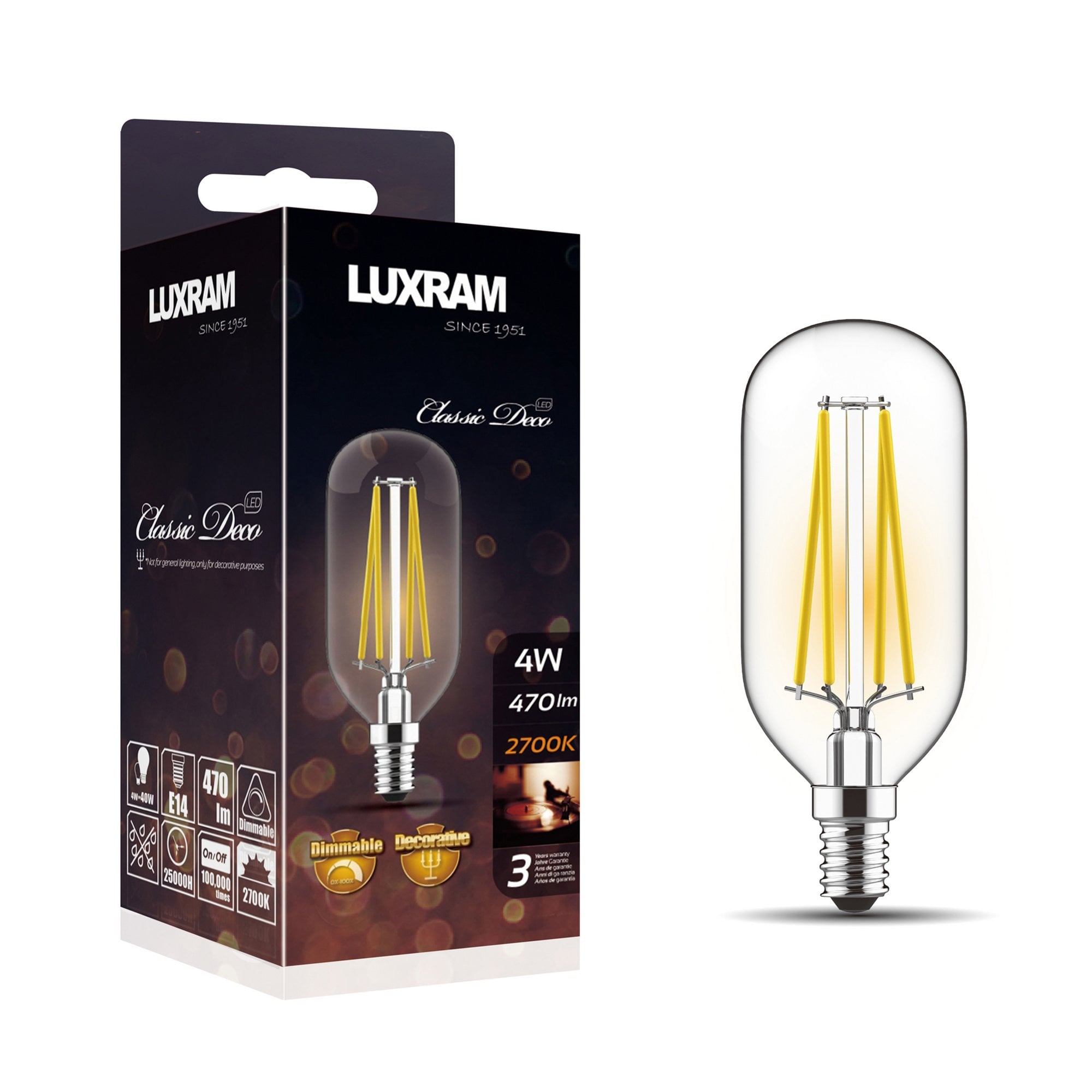 Luxram E14 LED 4W Classic Deco T45 Bulb - 2700K - Dimmable