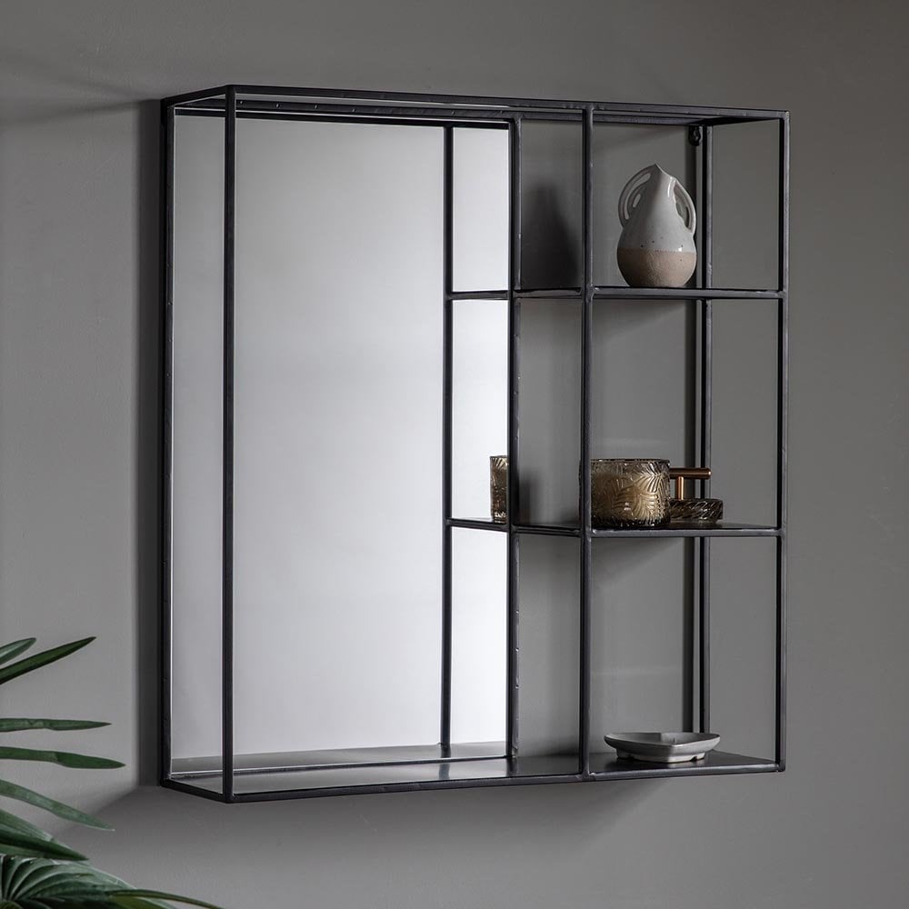 Mura Guildford Rectangle Wall Mirror With Shelves - Matt Black