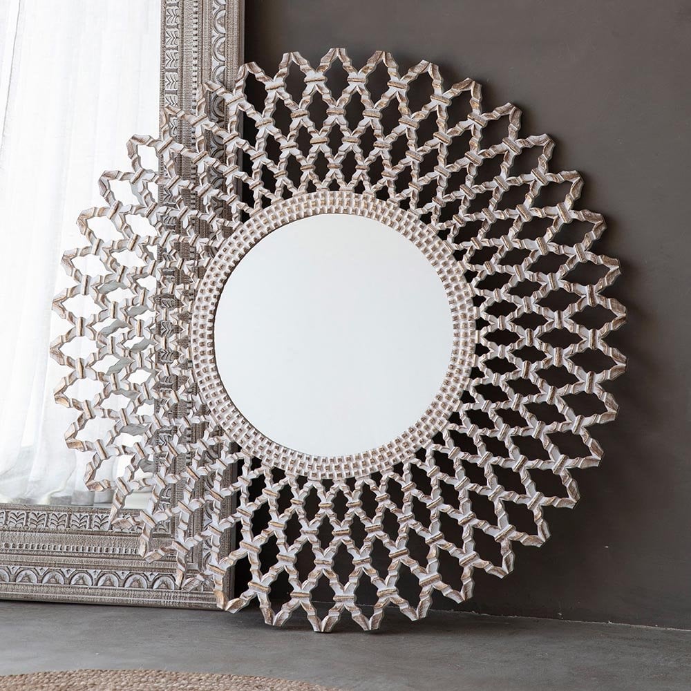 Mura Brockway Round Wall Mirror - White Washed Wood