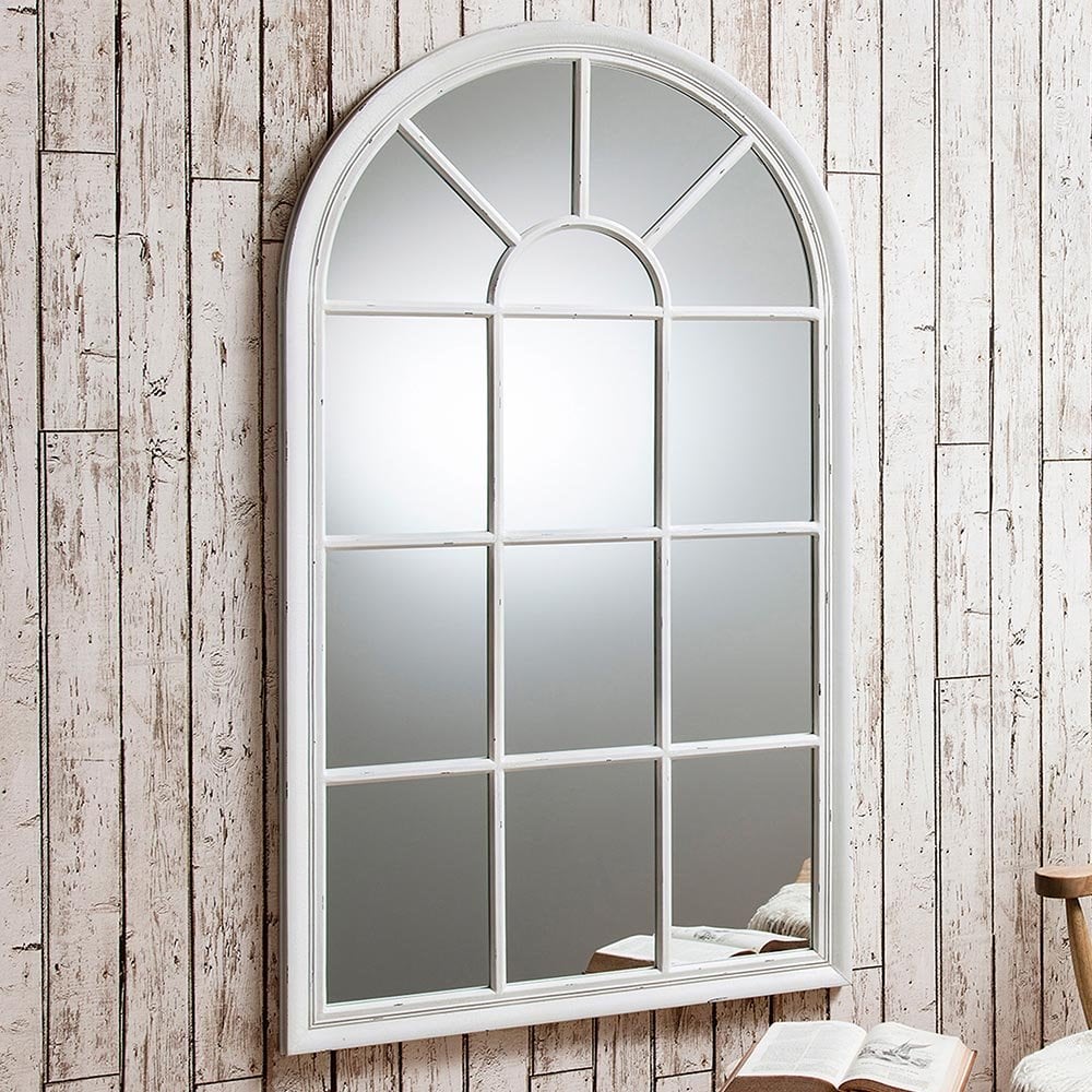 Mura Ellesmere Arch Window Wall Mirror - Distressed White Wood