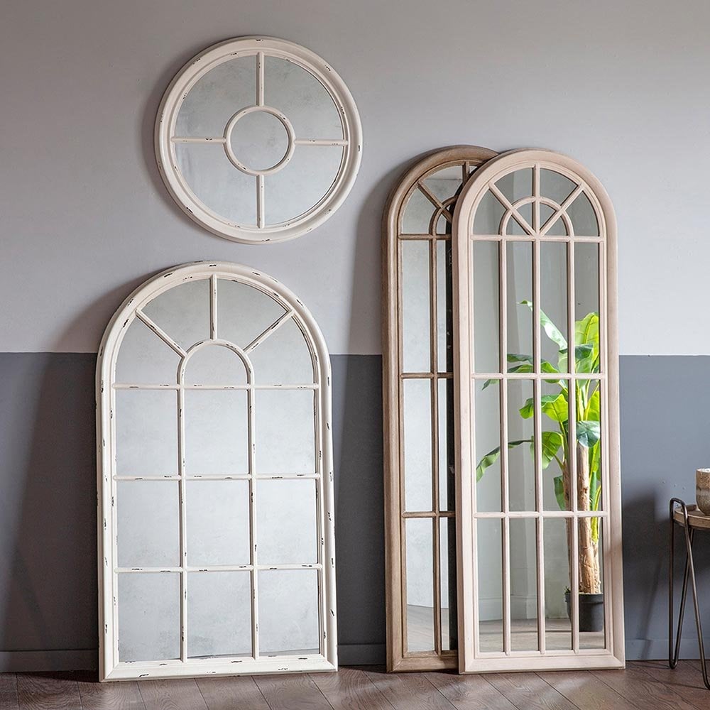 Mura Ellesmere Arch Window Wall Mirror - Distressed White Wood