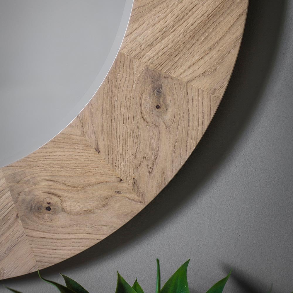 Mura Wickham Chevron Round Wall Mirror - Natural Oak