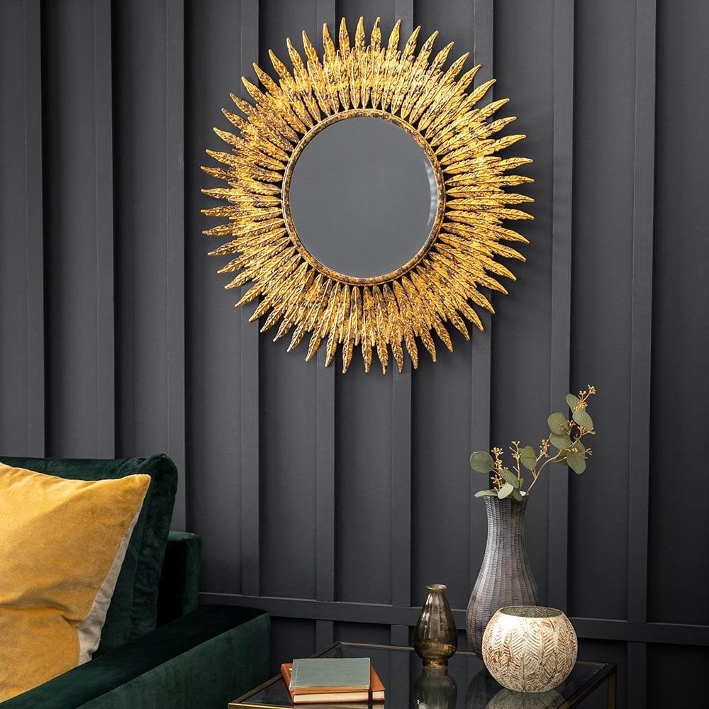 Mura Swanston Feathered Frame Round Wall Mirror - Aged Gold