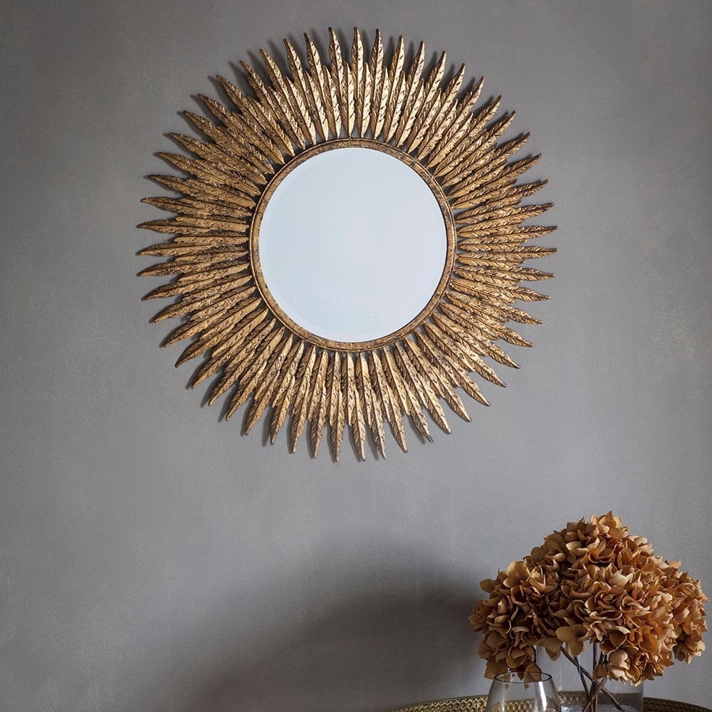 Mura Swanston Feathered Frame Round Wall Mirror - Aged Gold