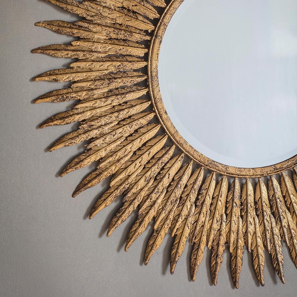 Mura Swanston Feathered Frame Round Wall Mirror - Aged Gold