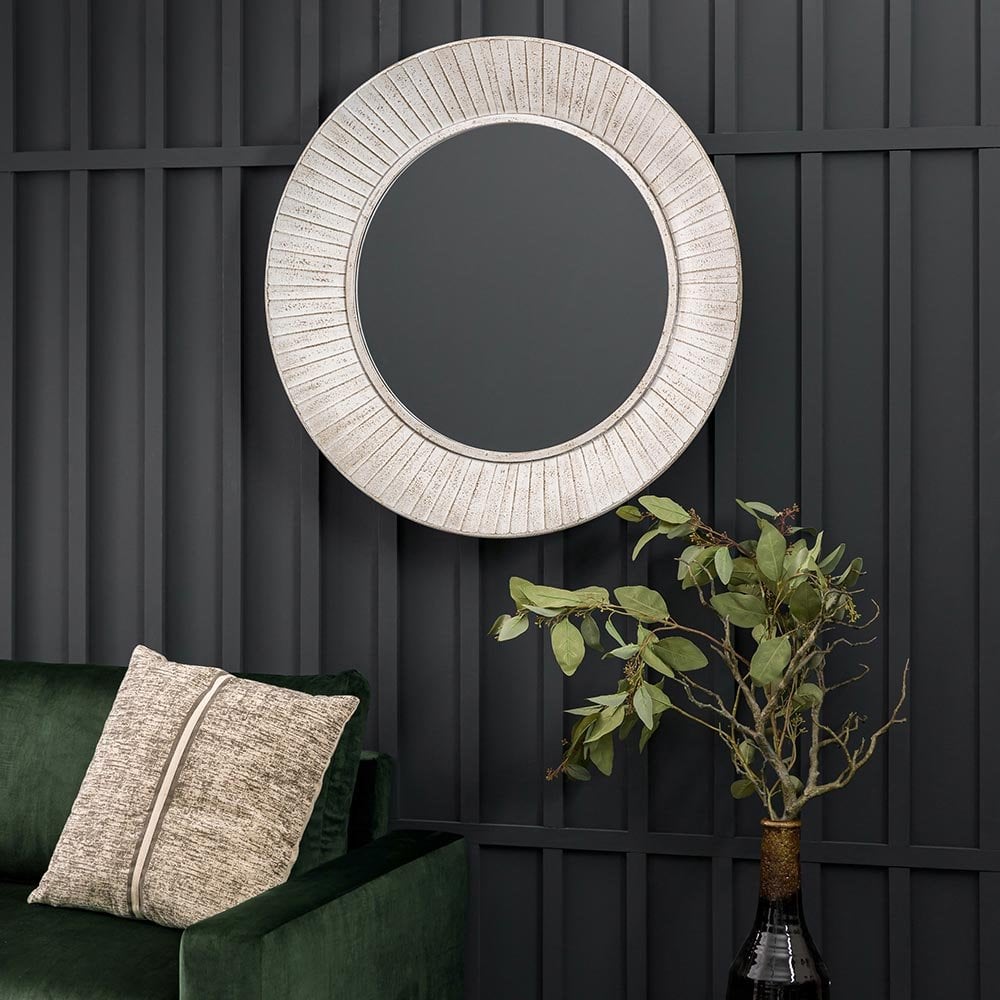Mura Spencer Round Wall Mirror - Distressed Cream Wood