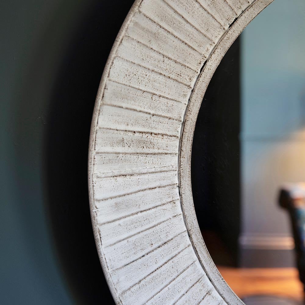 Mura Spencer Round Wall Mirror - Distressed Cream Wood