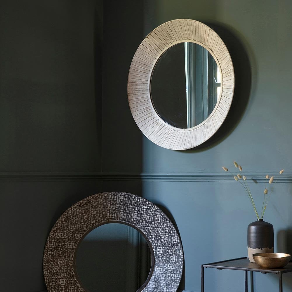 Mura Spencer Round Wall Mirror - Distressed Cream Wood