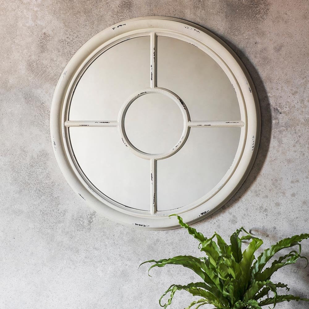 Mura Cleveland Round Window Wall Mirror - Distressed White