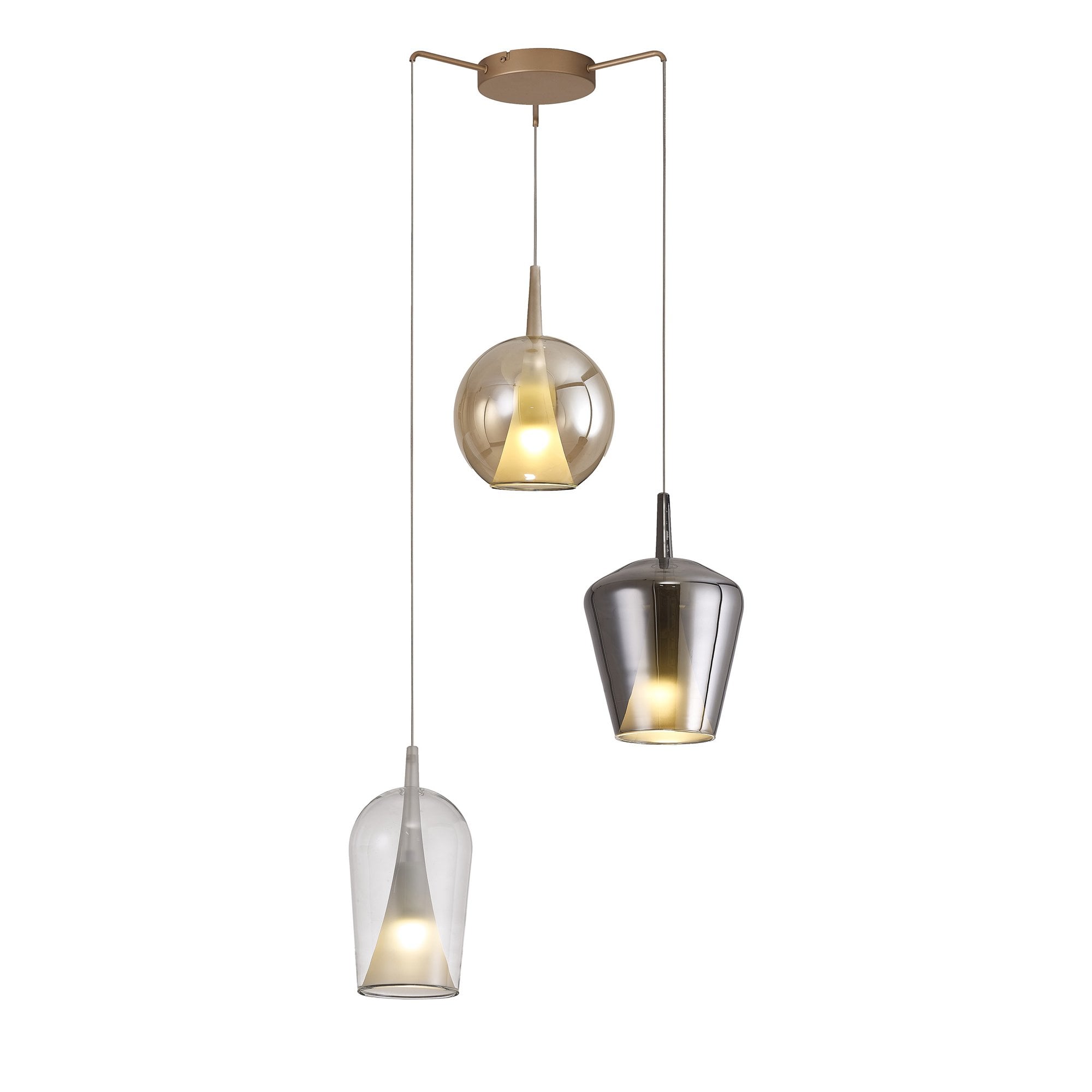Mantra Elsa 3 Light Pendant - Mixed Shades With Frosted Inner Cones - Gold With Clear, Chrome & Bronze Glass