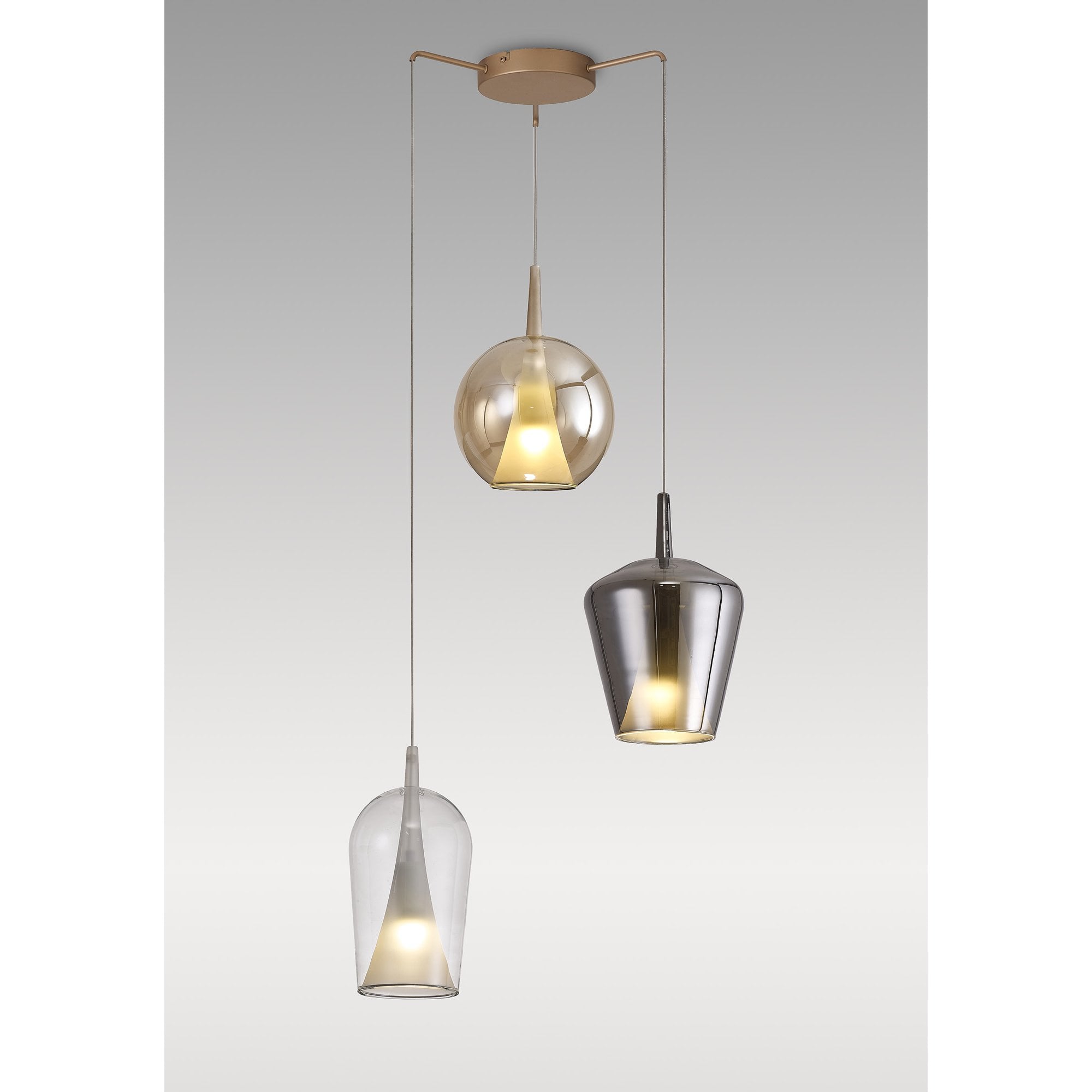 Mantra Elsa 3 Light Pendant - Mixed Shades With Frosted Inner Cones - Gold With Clear, Chrome & Bronze Glass