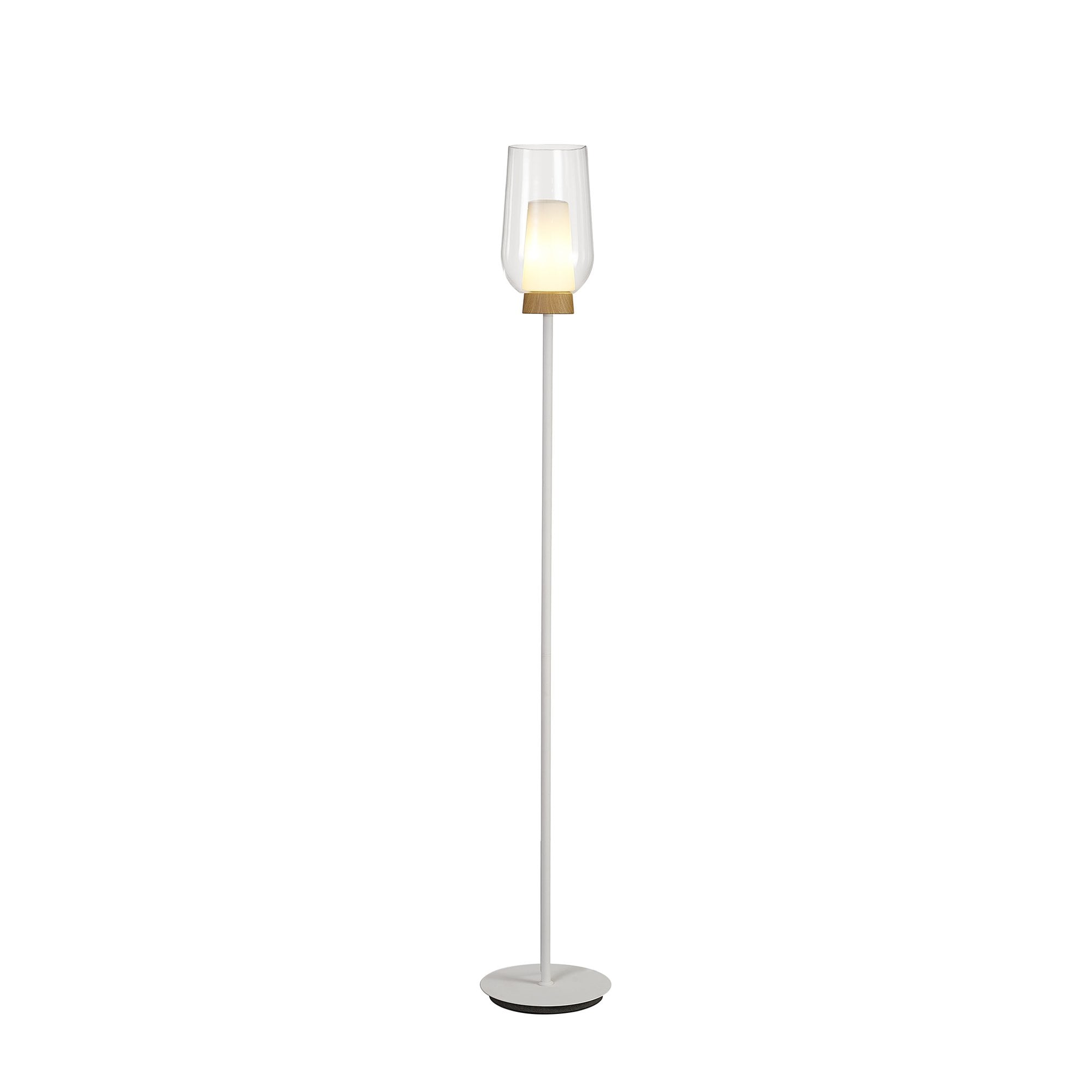 Mantra Nora 1 Light Floor Lamp - White, Wood & Clear Glass With Frosted Inner