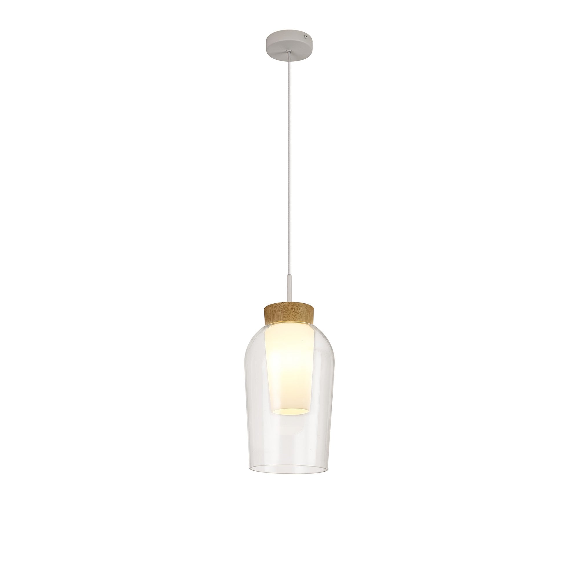 Mantra Nora Single Adjustable Pendant - White, Wood & Clear Glass With Frosted Inner