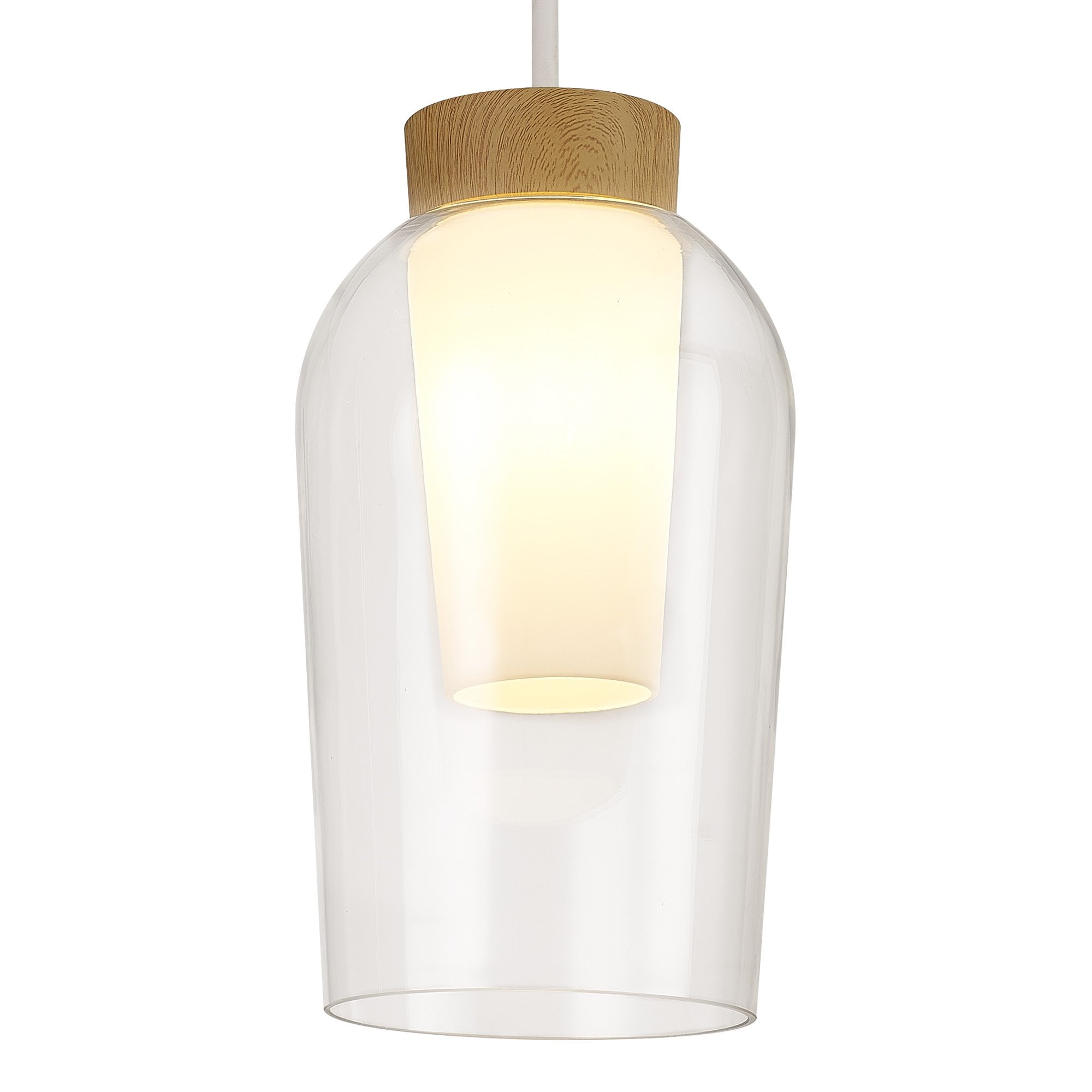 Mantra Nora Single Adjustable Pendant - White, Wood & Clear Glass With Frosted Inner