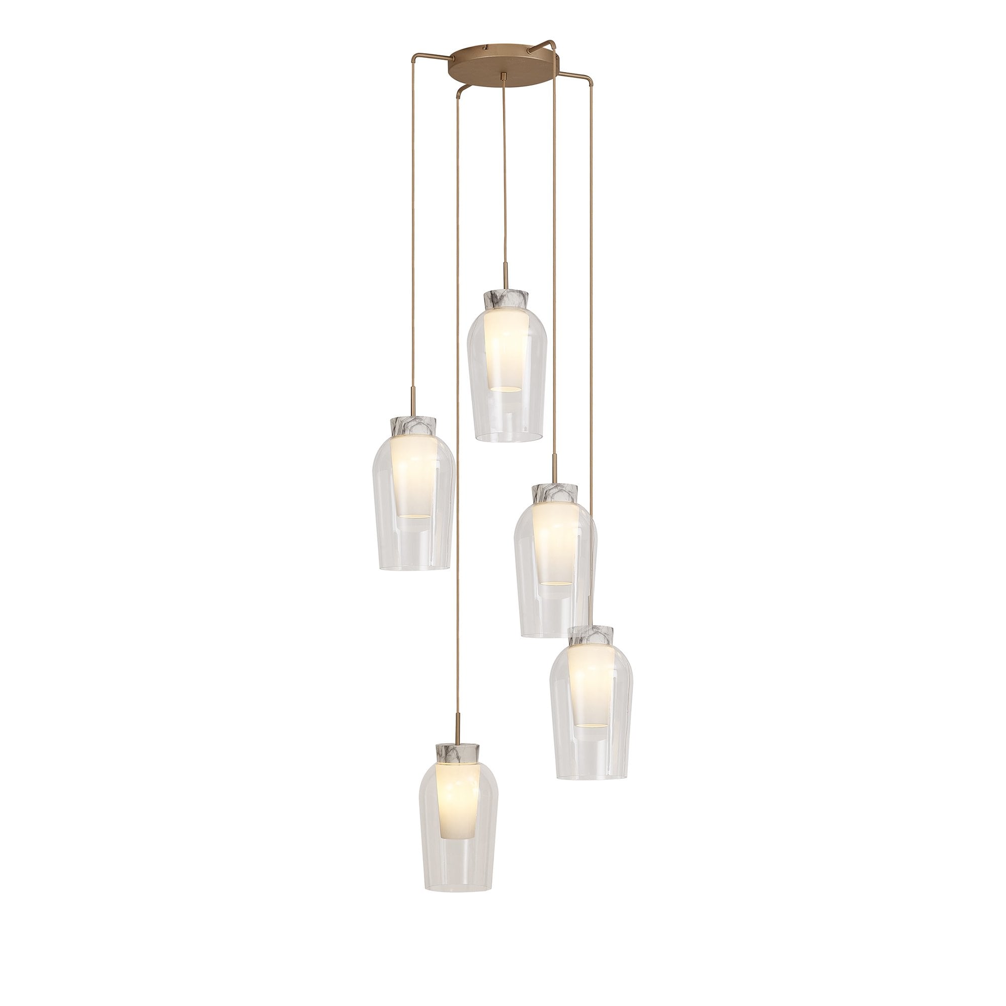 Mantra Nora 5 Light Adjustable Round Pendant - Gold, White & Clear Glass With Frosted Inner