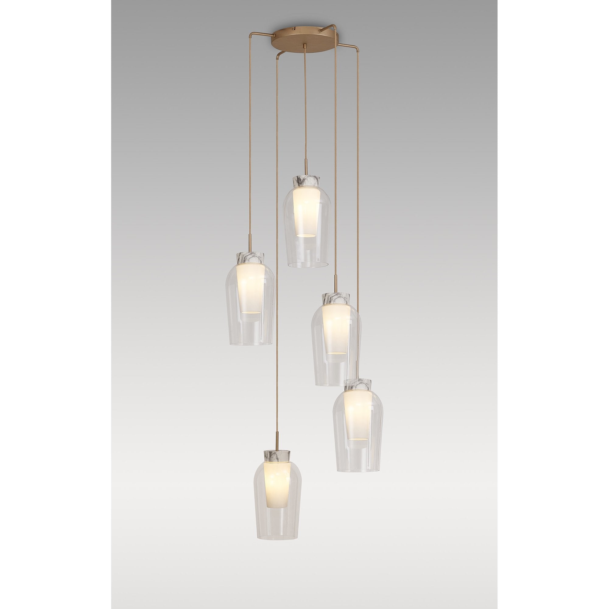 Mantra Nora 5 Light Adjustable Round Pendant - Gold, White & Clear Glass With Frosted Inner