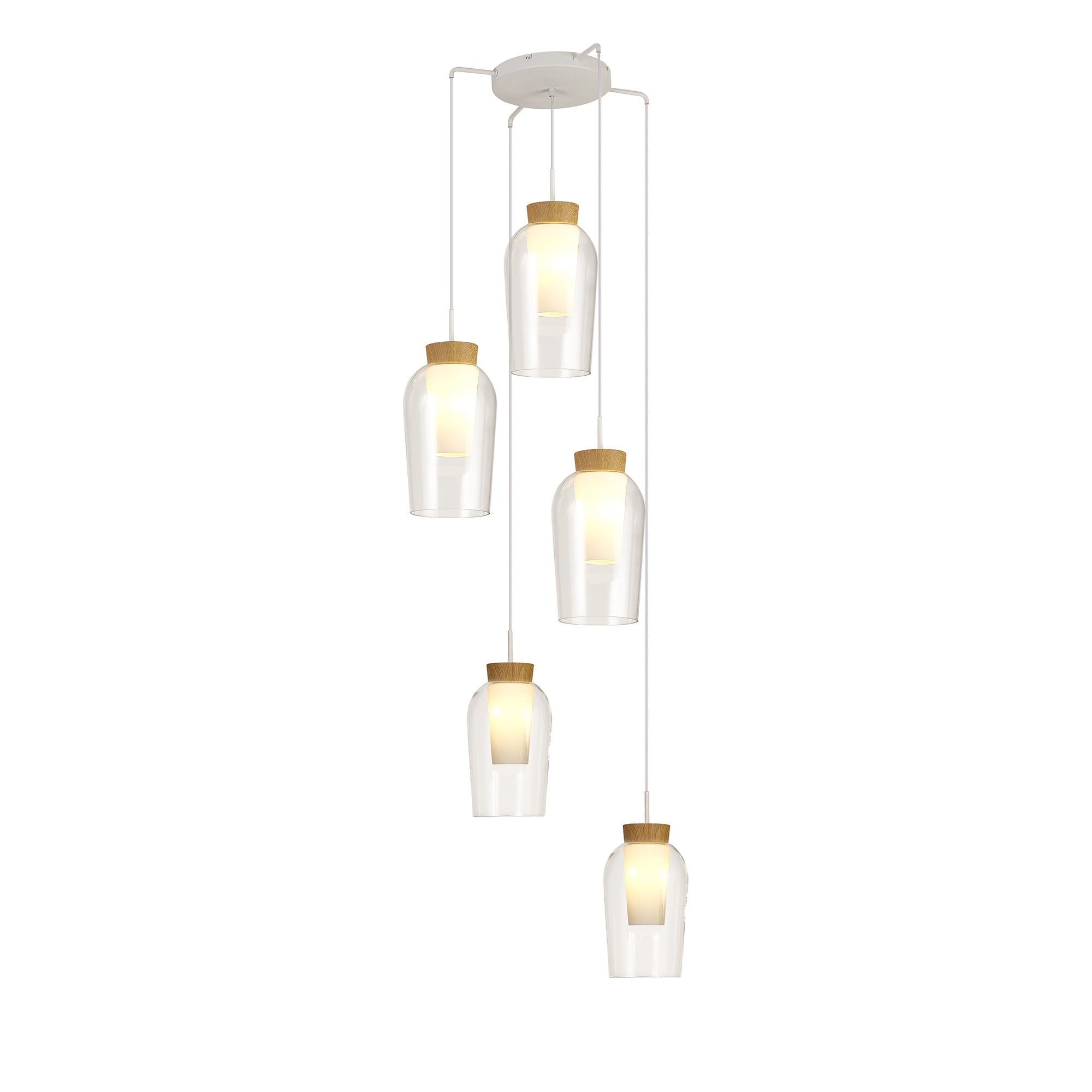 Mantra Nora 5 Light Adjustable Round Pendant - White, Wood & Clear Glass With Frosted Inner