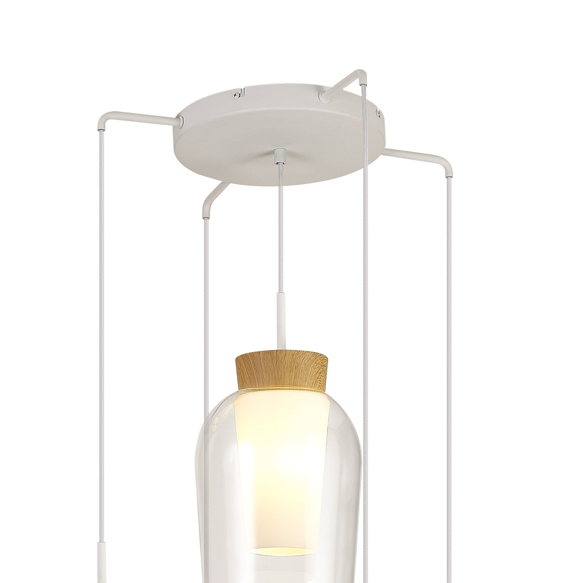 Mantra Nora 5 Light Adjustable Round Pendant - White, Wood & Clear Glass With Frosted Inner