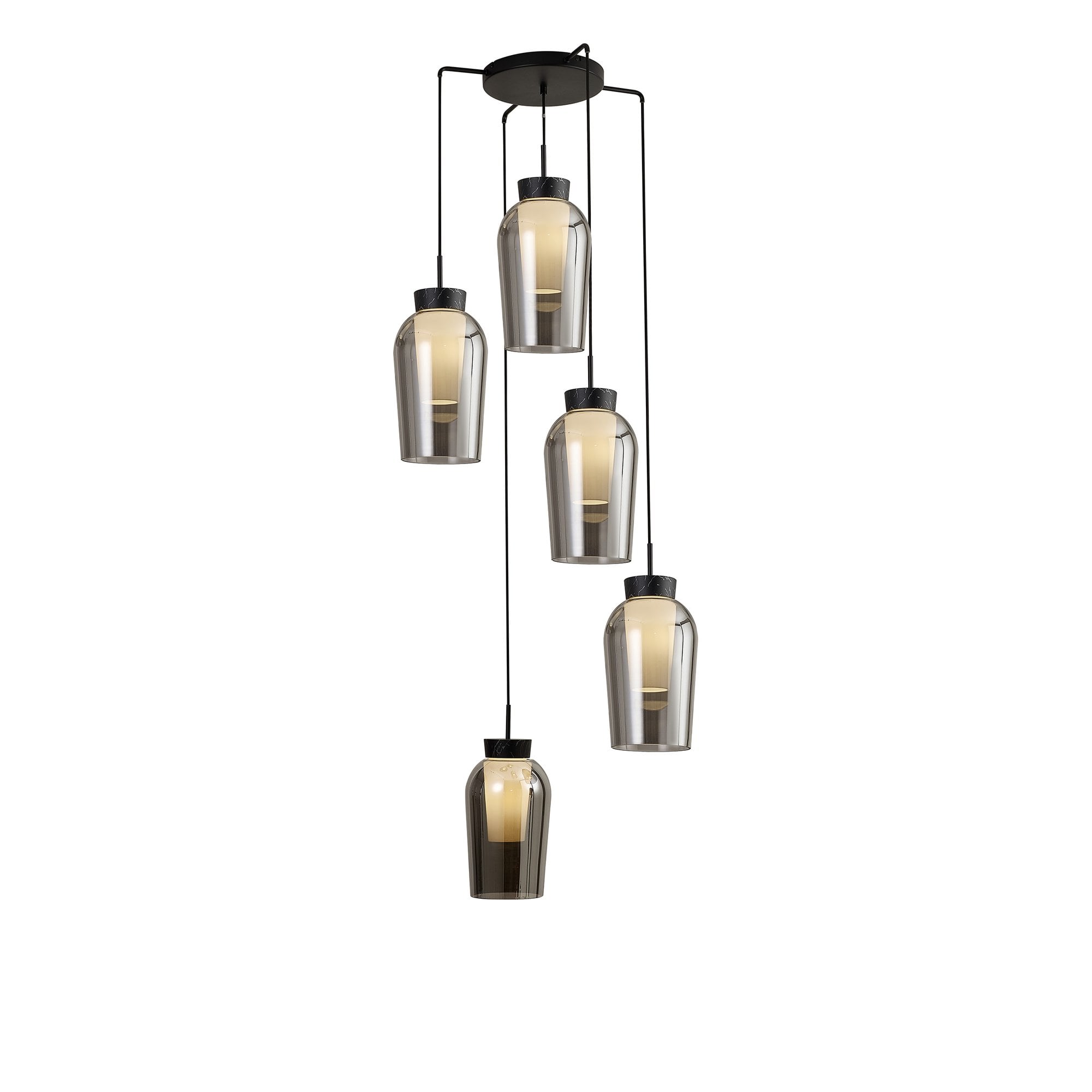 Mantra Nora 5 Light Adjustable Round Pendant - Black, Black Marble & Chrome Glass With Frosted Inner