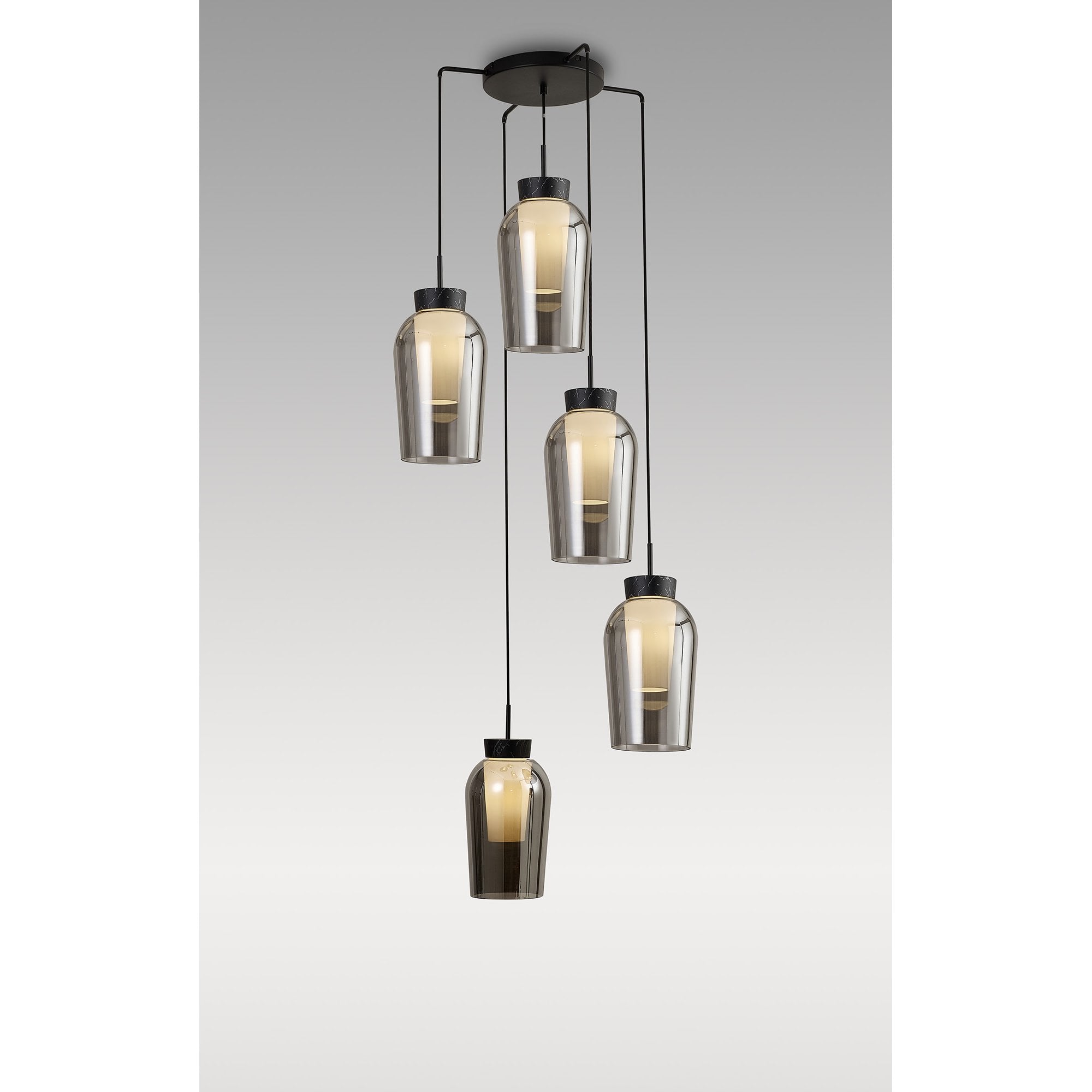 Mantra Nora 5 Light Adjustable Round Pendant - Black, Black Marble & Chrome Glass With Frosted Inner